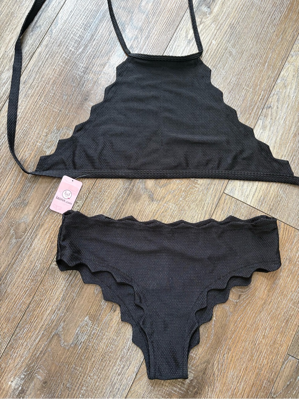 Adiva Black Scalloped Trim Halter Bikini Set